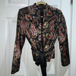 MSK paisley satin cropped jacket Sz SP satin ribbon sash covered buttons